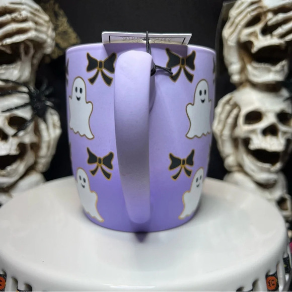 Cobwebs & Cauldrons Halloween Purple Ombre White Ghost Black Bow Coffee Mugs - Picture 10 of 12